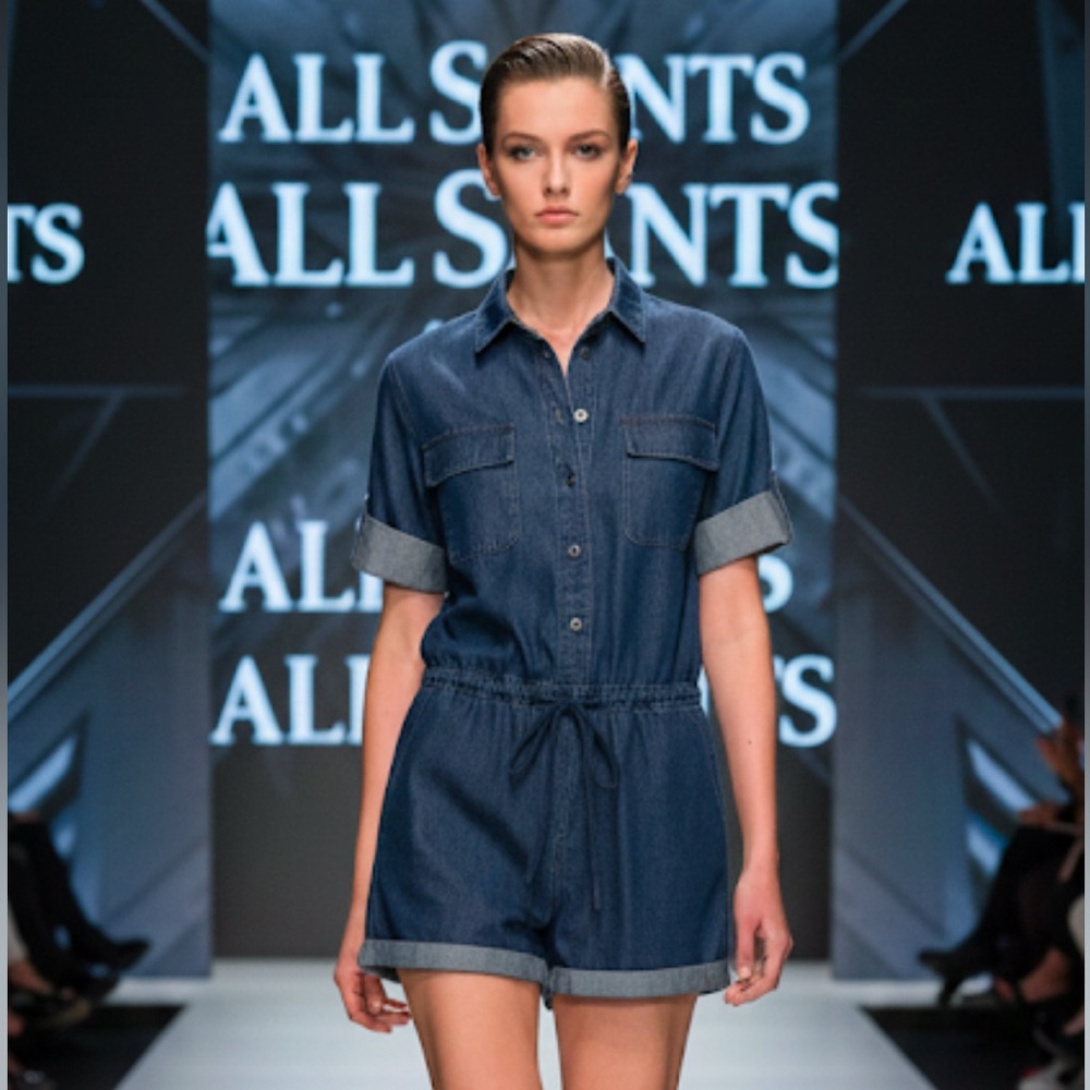 Authentic All Saints designer lightweight denim jeans shorts jumpsuit romper 6